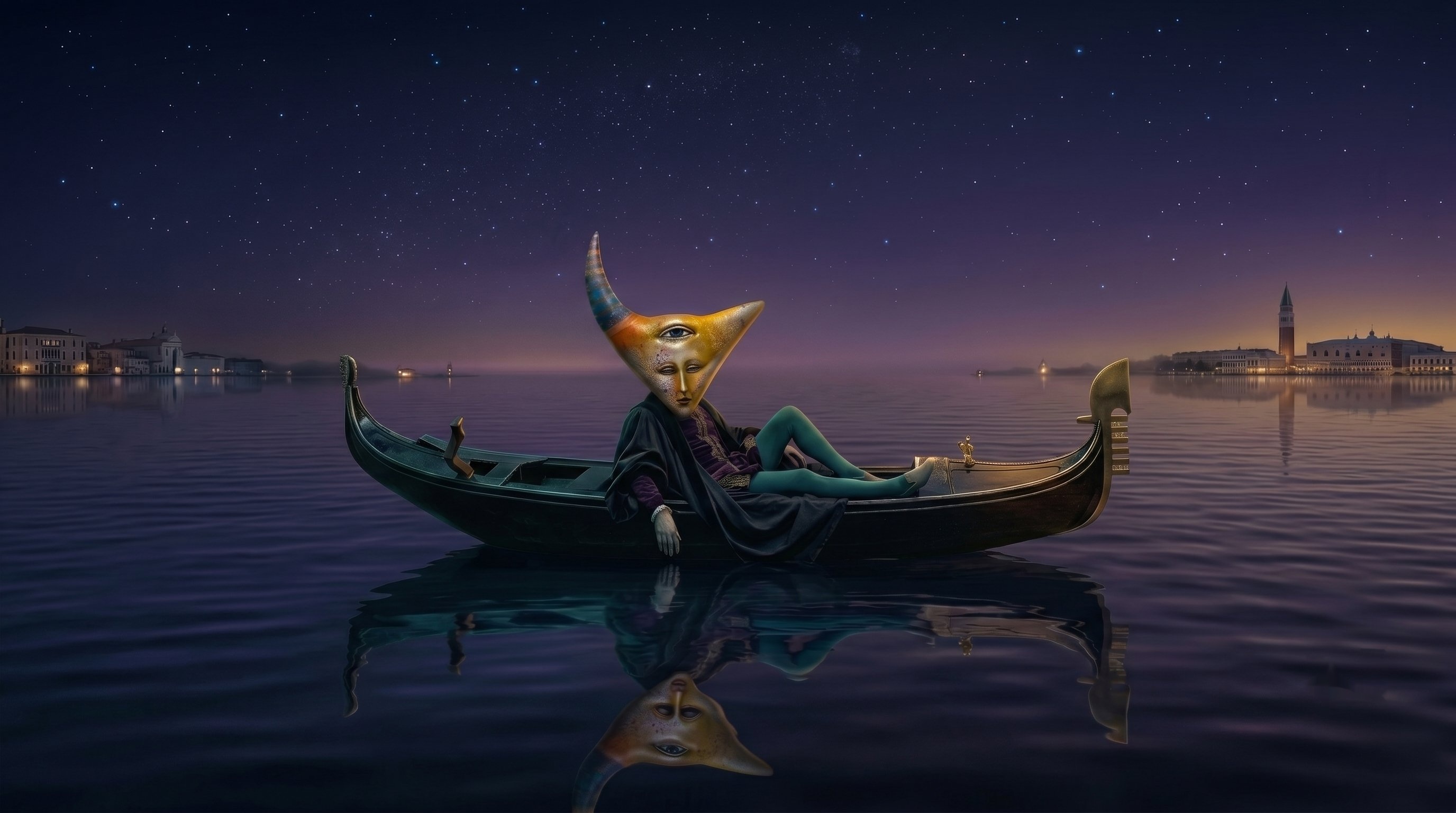 The Moonchild in the gondola beneath a carnival sky